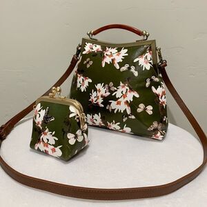 Handmade Genuine Leather Floral Print, Vintage Style Double Kisslock Handbag Set